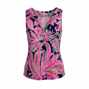 Lilly Pulitzer Essie Tank Top Small Navy Pink Green Floral 100% Cotton